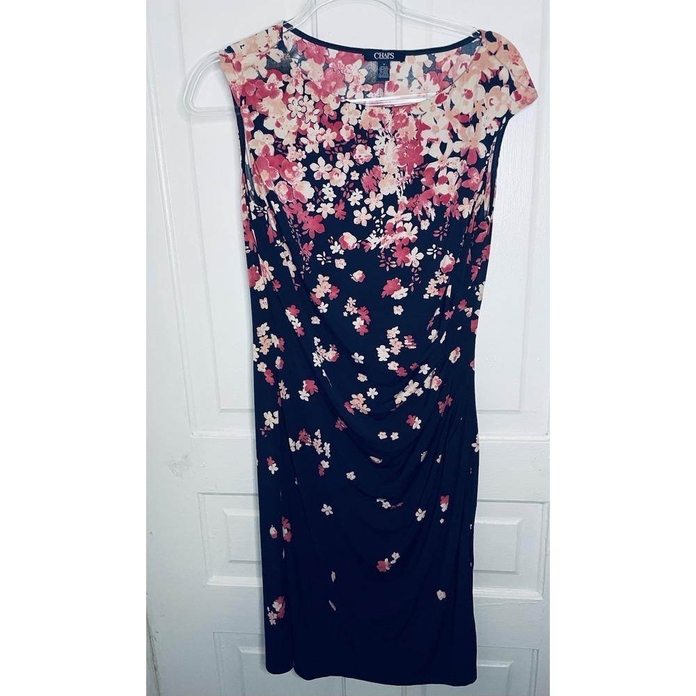 Chaps Womens Navy Blue Pink Floral Ruched Sleeveless‎ Sheath Dress Size 10